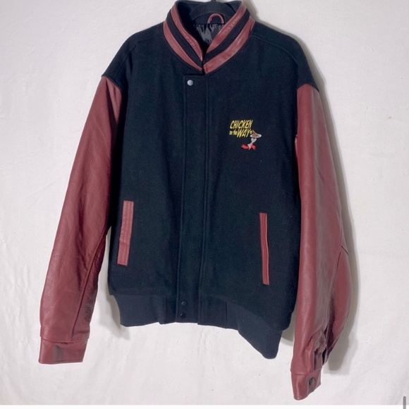 Vintage Chicken On The Way Wool Bomber With Leather Sleeves And Trim XL - Picture 15 of 15